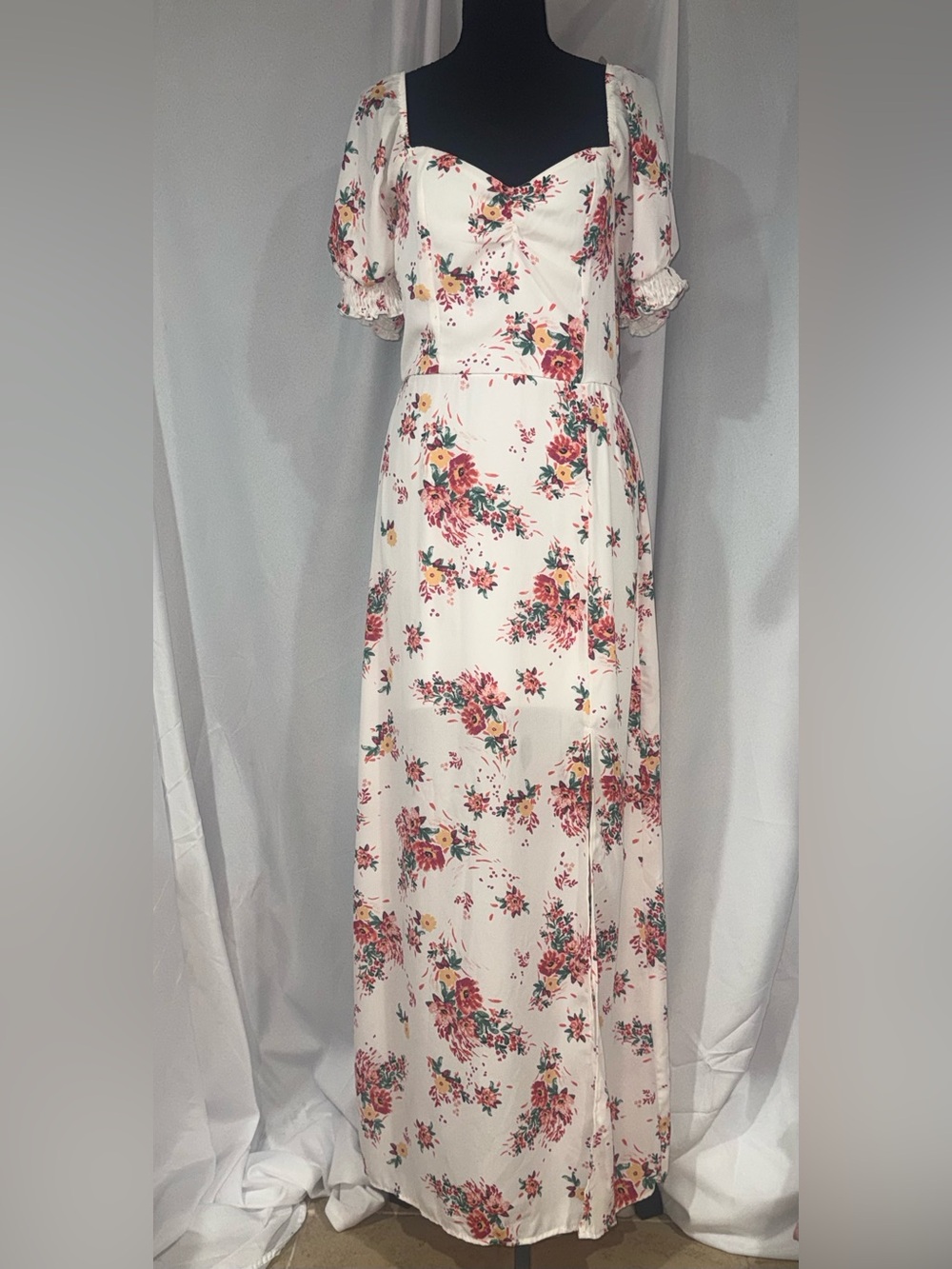Francesca's Collections Cream Maxi Dress with Pink & Green Floral Print